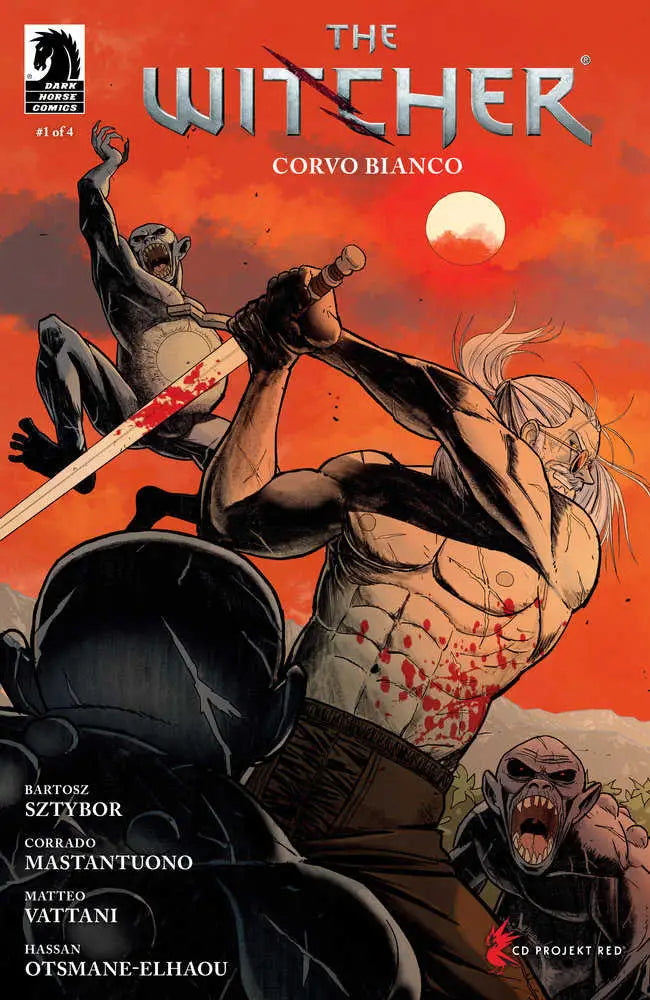 Comic book cover for The Witcher: Corvo Bianco #1 featuring battle scene under red sky