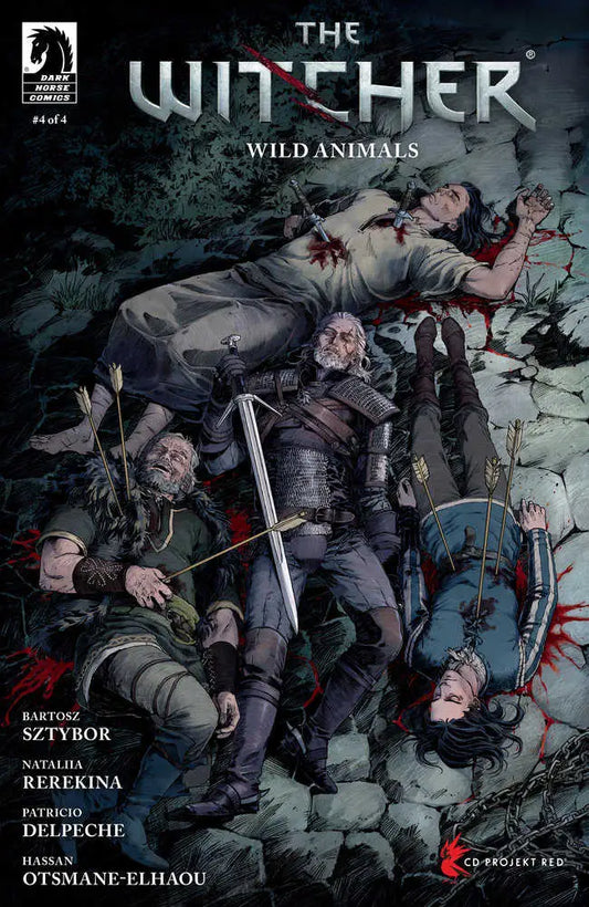 Comic book cover for The Witcher: Wild Animals #4 featuring a warrior and fallen bodies