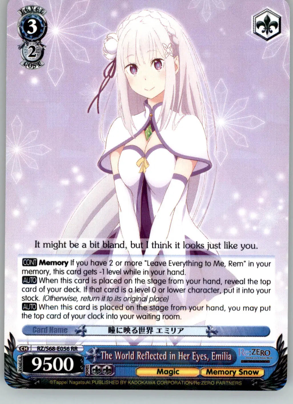 The World Reflected in Her Eyes Emilia - Re:ZERO Memory Snow - RZ/S68-E056 RR - Non-Sports Card Single