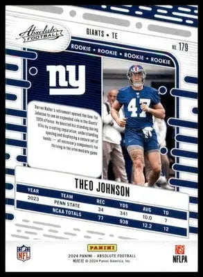 Theo Johnson Rookie 2024 Panini Absolute Retail #179 New York Giants - Football Card Single