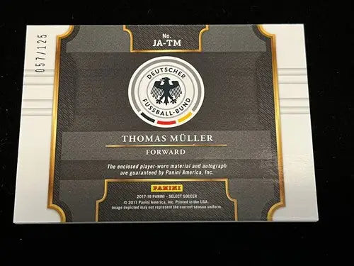 Thomas Müller Panini Select 2017 Soccer JA-TM AUTO Jersey Patch Card #d 57/125 - Soccer Card Single