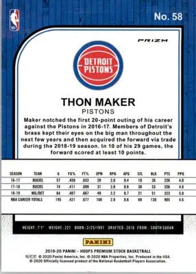 Thon Maker - 2019-20 Hoops Premium Stock - #58 - Prizms Silver Basketball - Basketball Card Single