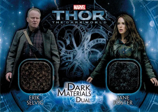 Movie memorabilia card featuring costume swatches of Erik Selvig and Jane Foster from Thor: The Dark World