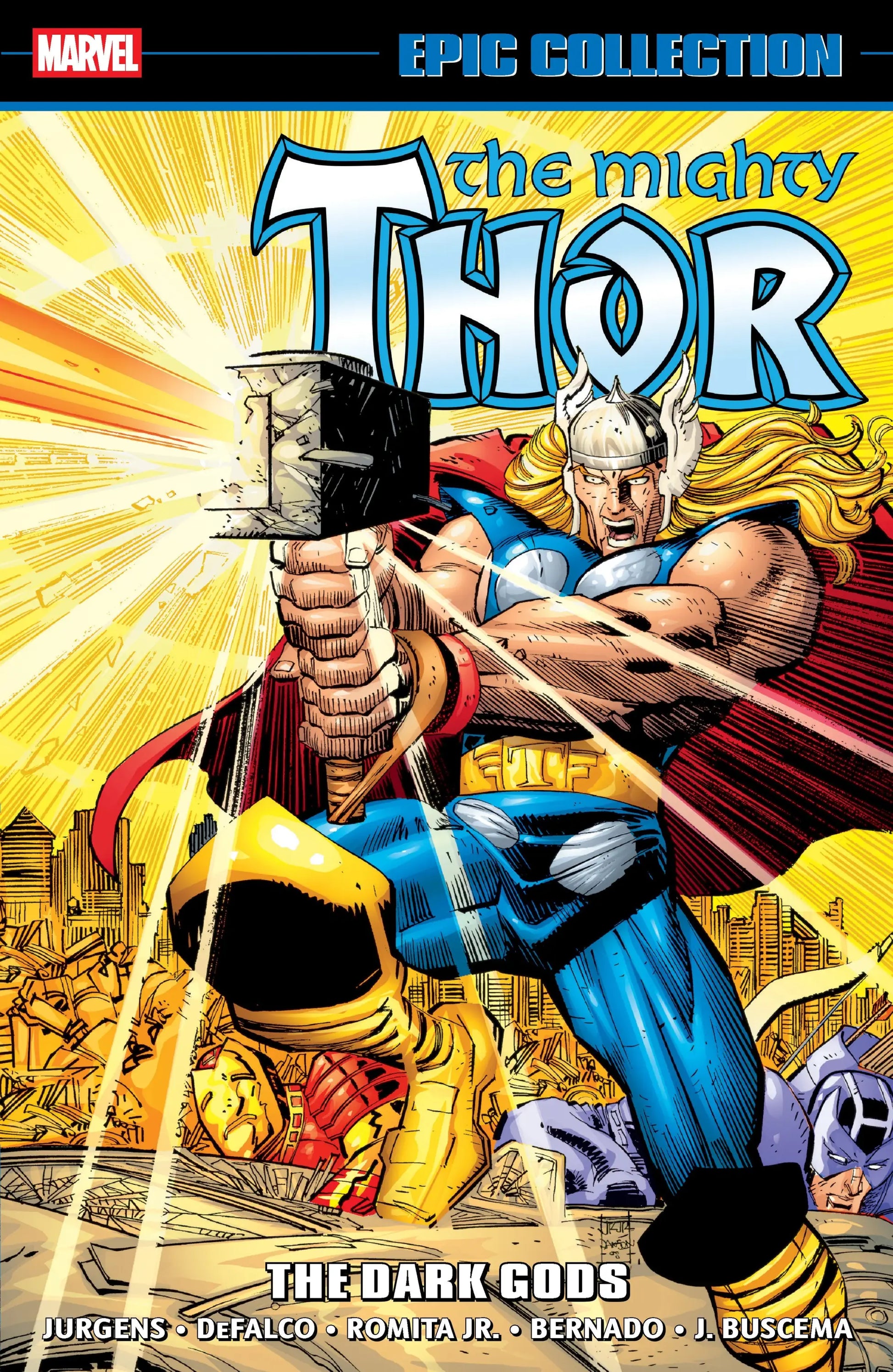 Comic book cover featuring Thor from Thor Epic Collection The Dark Gods, showcasing heroes reborn and Silver Surfer