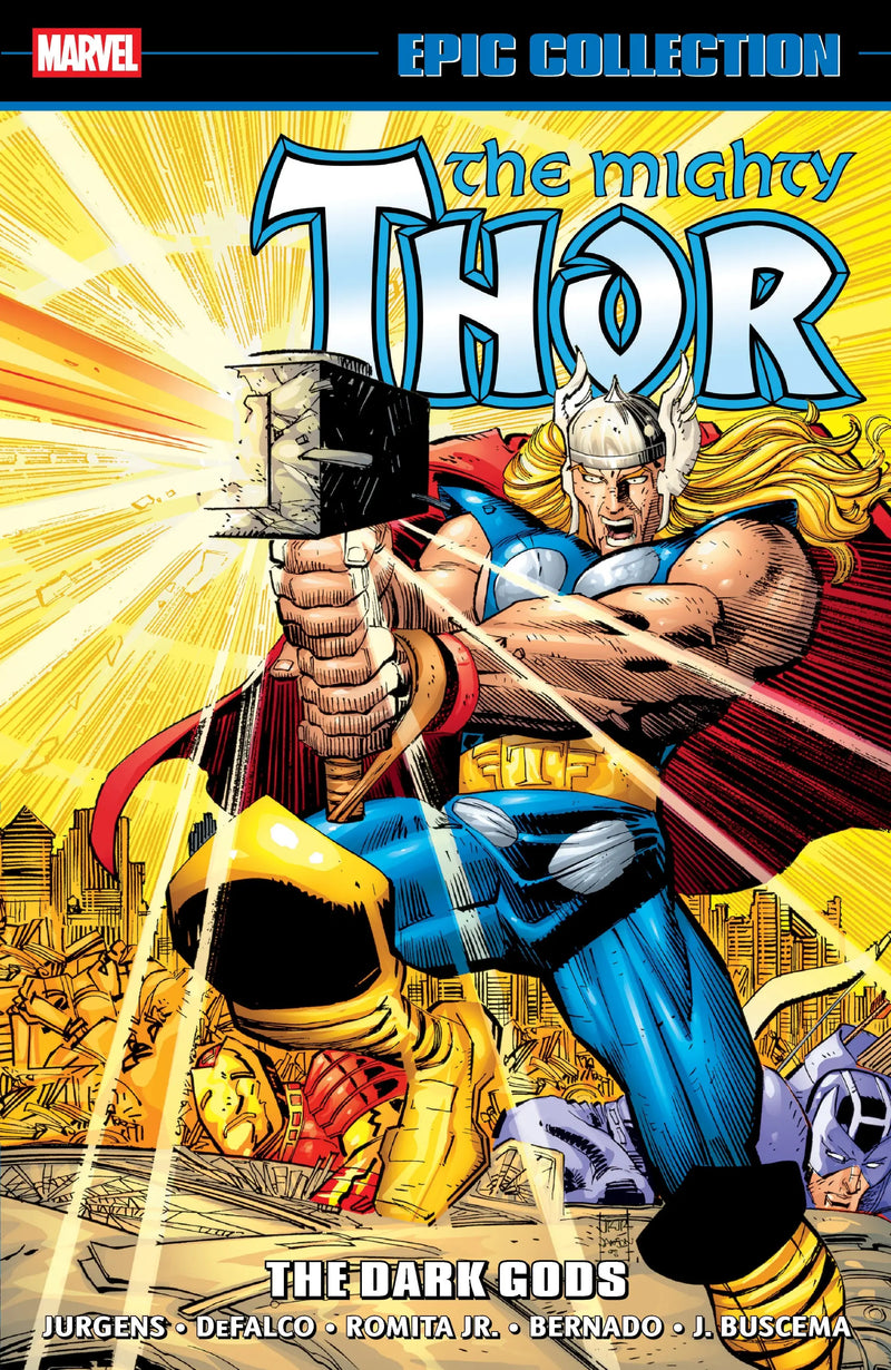 Comic book cover featuring Thor from Thor Epic Collection The Dark Gods, showcasing heroes reborn and Silver Surfer