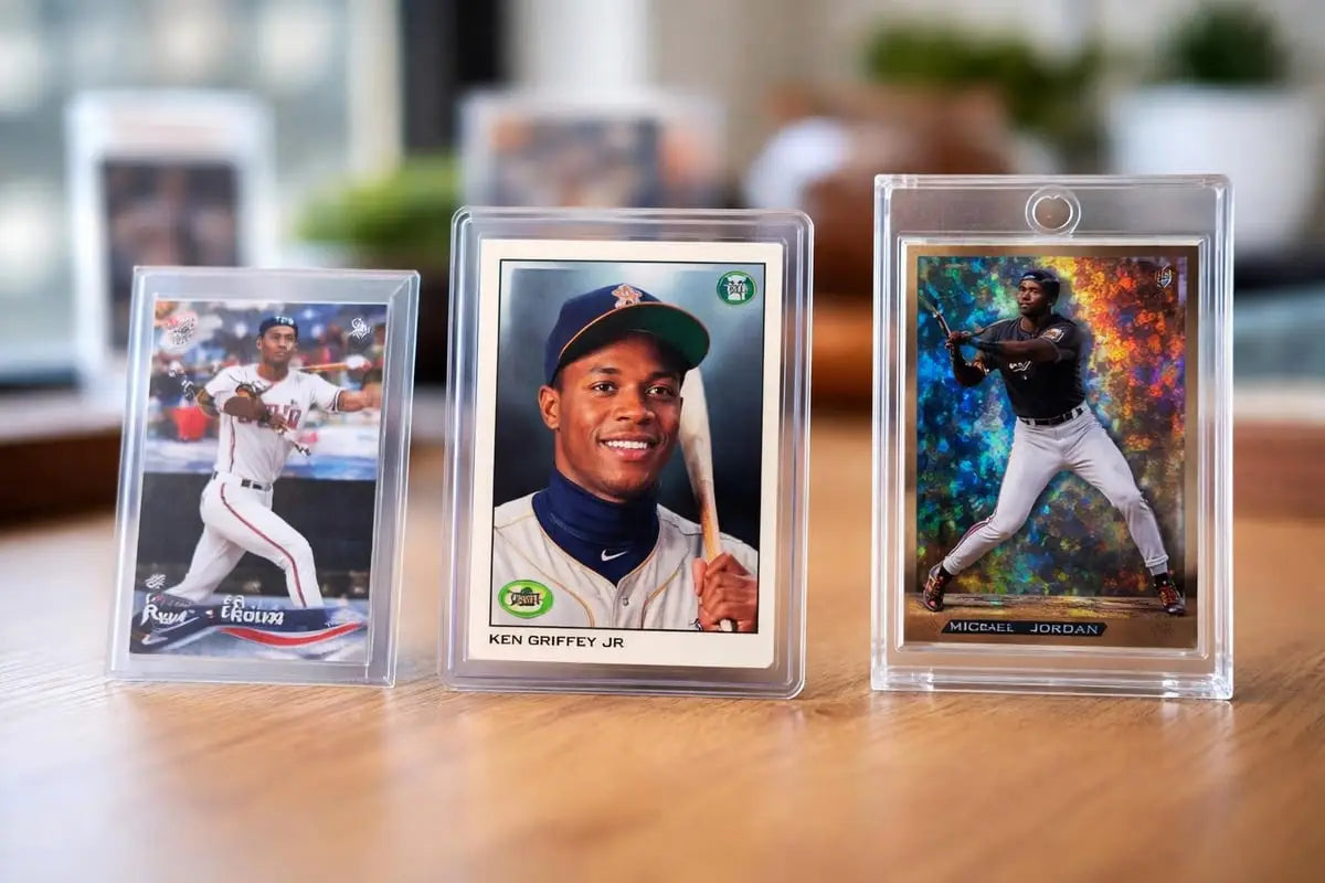 Three Ken Griffey Jr. baseball cards in penny sleeves and protective cases