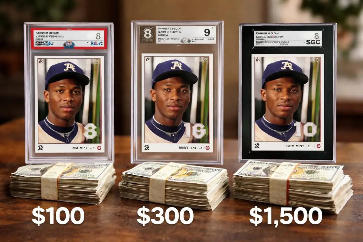 Three graded Ken Griffey Jr rookie cards slabbed with cash values