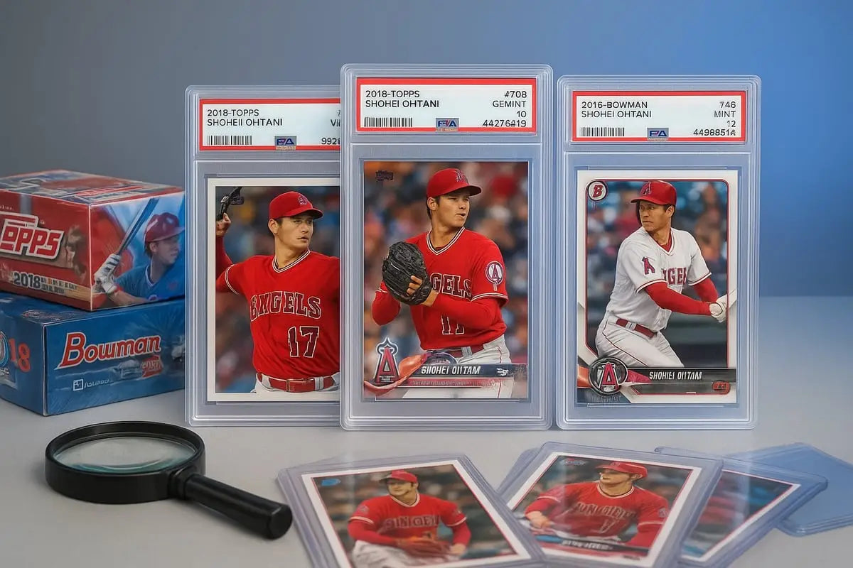 Three graded Shohei Ohtani rookie cards in Angels slabs