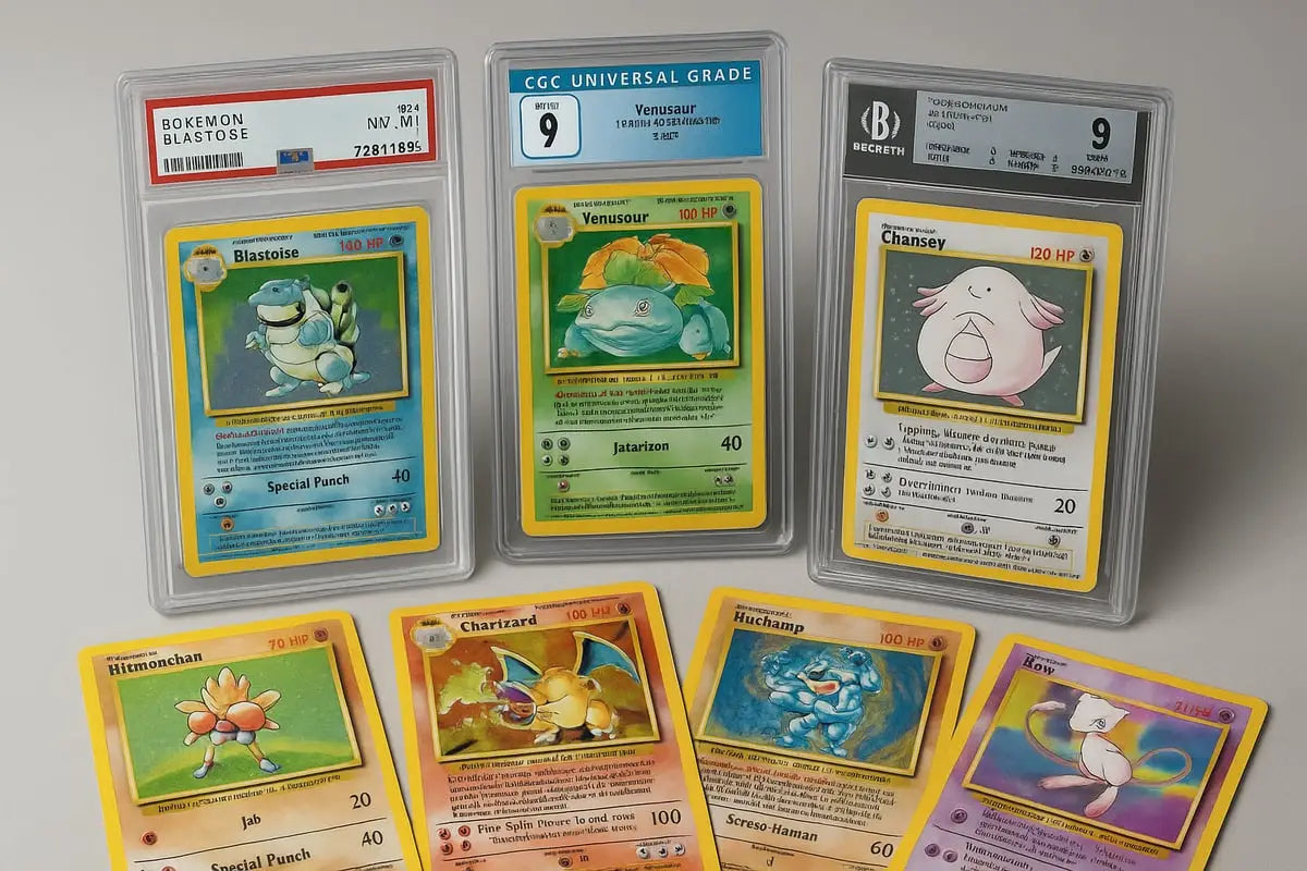 Three graded Pokemon trading cards of Blastoise, Venusaur, and Chansey in cases
