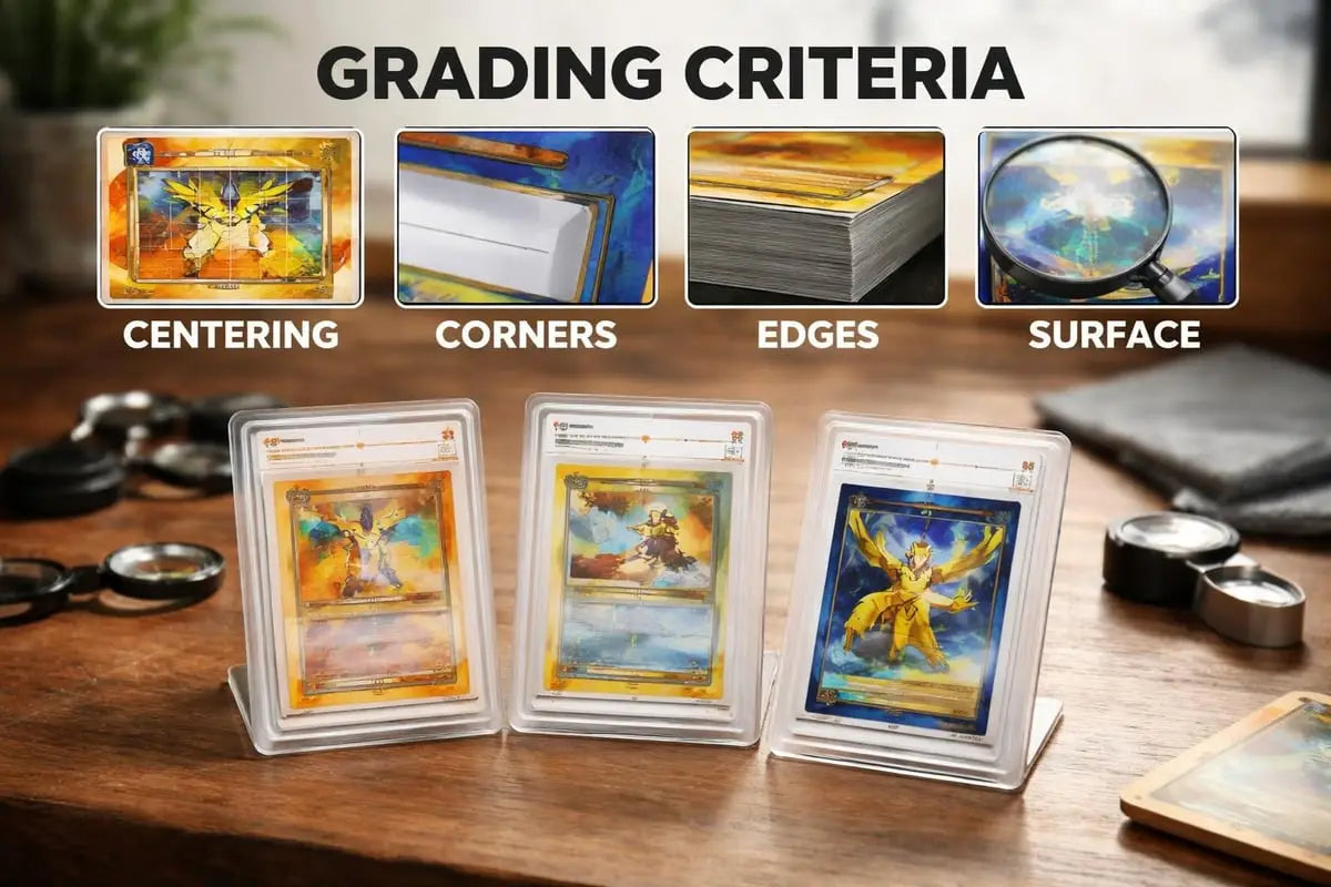 Three graded Pokémon cards in protective slabs for baseball card grading