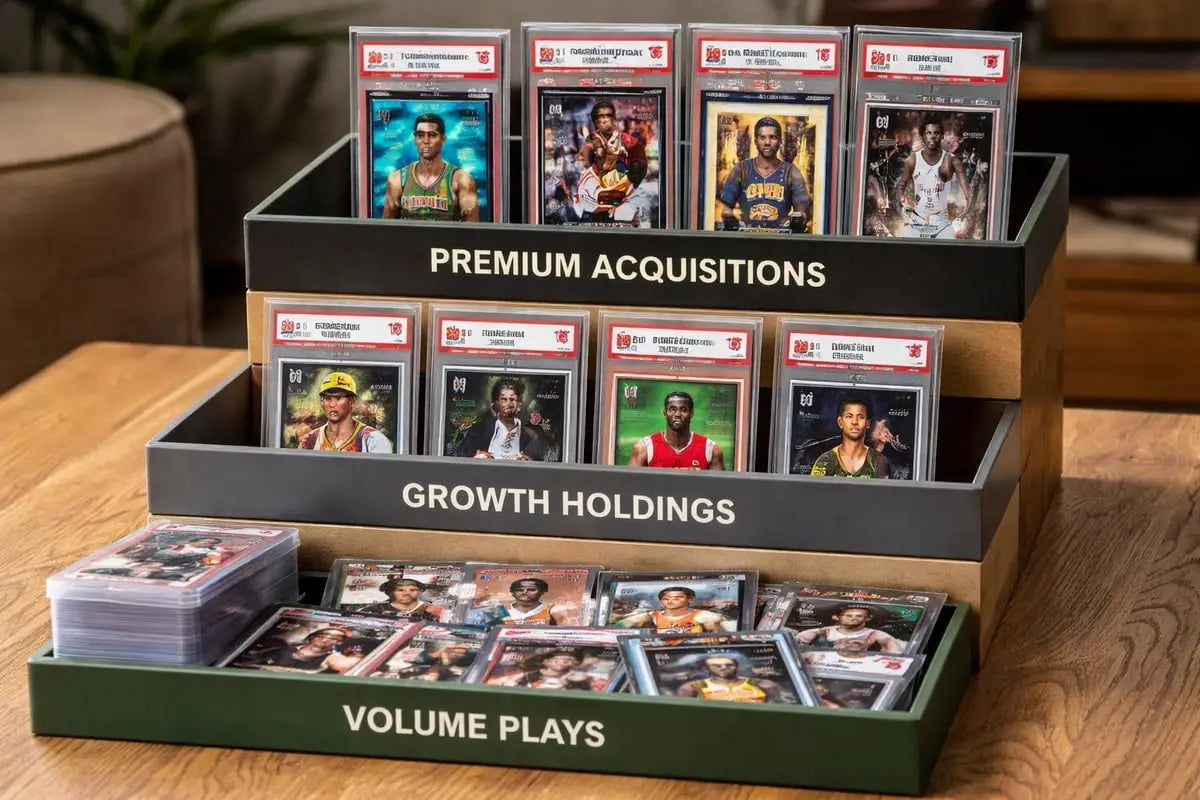 three-tiered display stand holding graded derek jeter rookie basketball trading cards in protective cases for collectors and investors