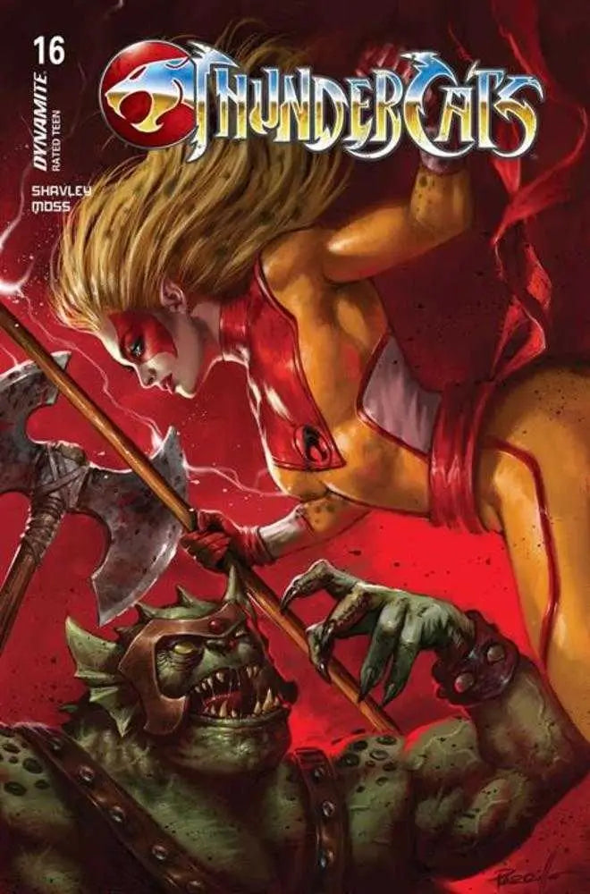 Comic book cover featuring a female warrior fighting a monster by Lucio Parrillo