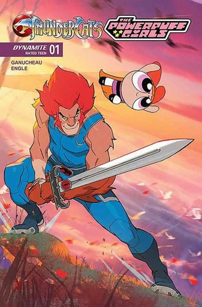 Comic book cover featuring Lion-O and Blossom from Powerpuff Girls by Coran Kizer Stone
