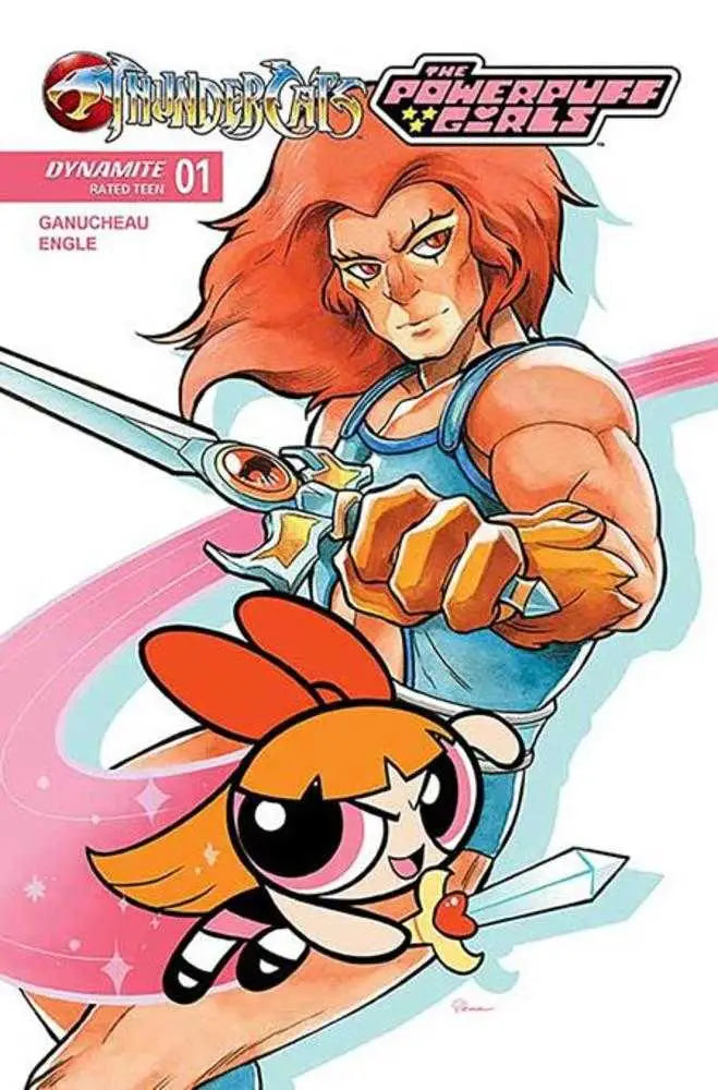 Comic book cover featuring Lion-O from Thundercats and Blossom from Powerpuff Girls Saowee variant