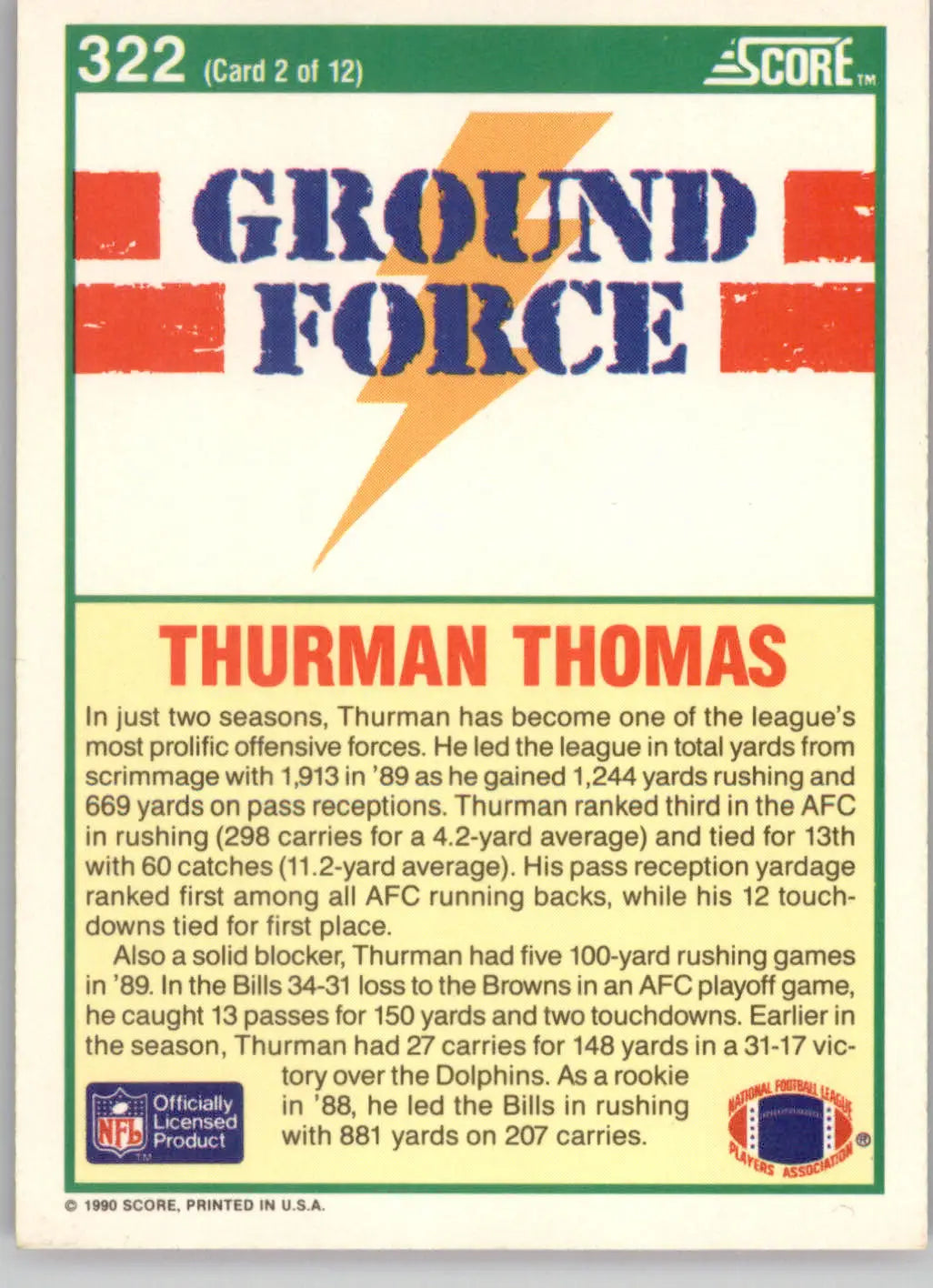 Thurman Thomas - 1990 Score - #322 - Football