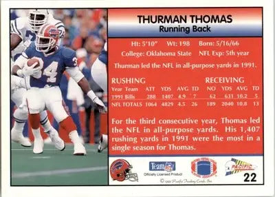 Thurman Thomas - 1992 Pacific - #22 - Football - Football Card Single