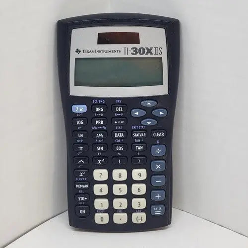 Dark blue Texas Instruments TI-30X IIS solar scientific calculator with gray faceplate and clear LCD