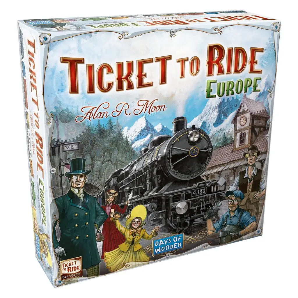 Ticket to Ride Europe board game box showcasing the ride Europe takes across the map