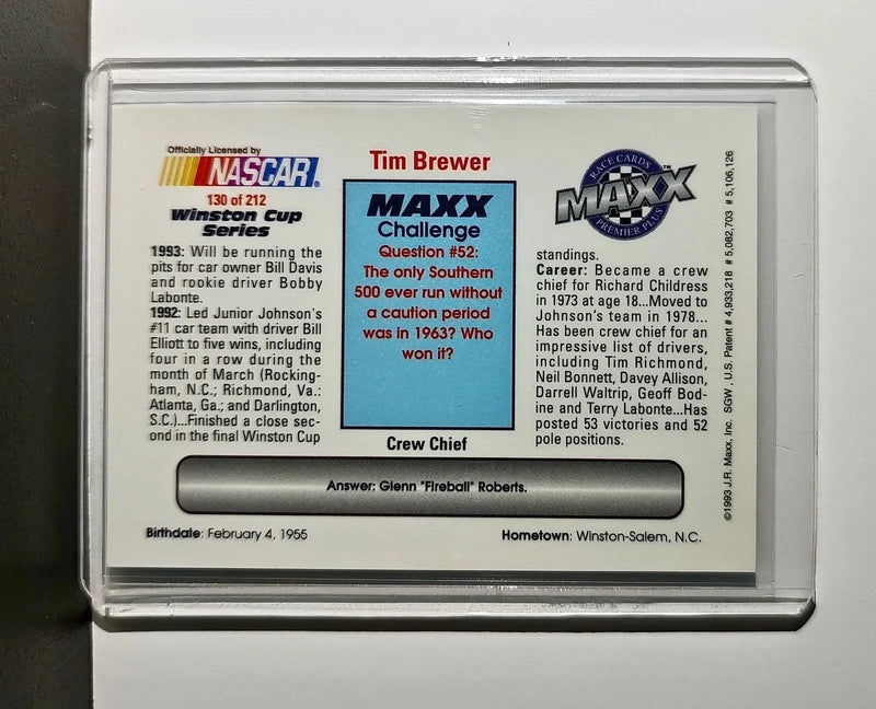 Tim Brewer 1993 Maxx Premier Plus Racing #130 NASCAR Card Junior Johnson