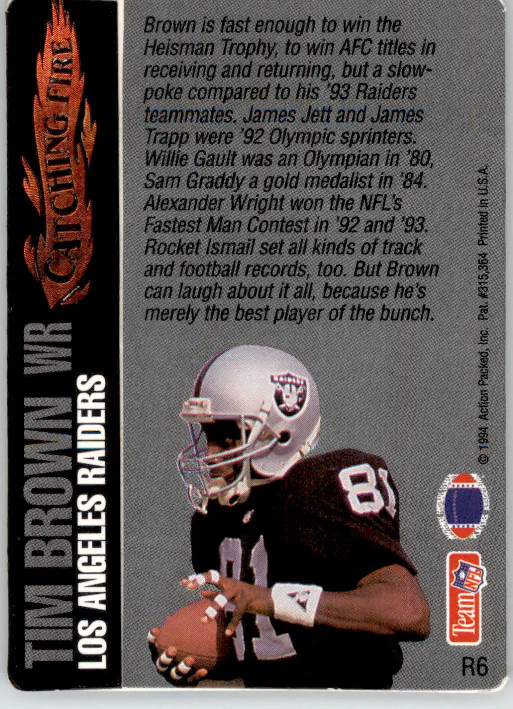 Tim Brown - 1994 Action Packed - #R6 - Catching Fire Football - Football Card Single