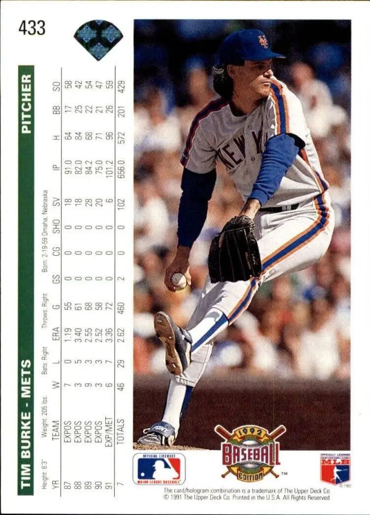 Tim Burke 1992 Upper Deck MLB #433 Baseball Card New York Mets