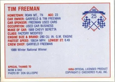 Tim Freeman - 1989 Checkered Flag IHRA - #25 - Racing - Racing Card Single