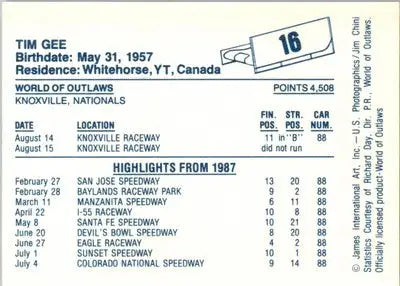 Tim Gee - 1987 World of Outlaws - #16 - Racing - Racing Card Single