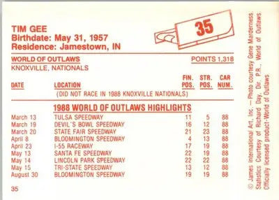 Tim Gee - 1988 World of Outlaws - #35 - Racing - Racing Card Single