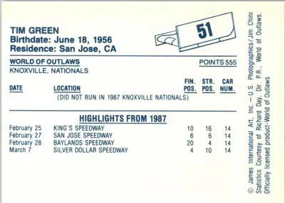 Tim Green - 1987 World of Outlaws - #51 - Racing - Racing Card Single