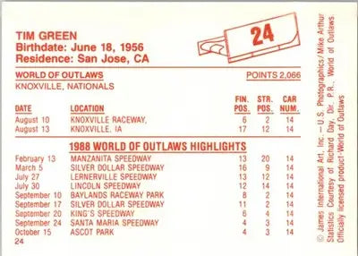 Tim Green - 1988 World of Outlaws - #24 - Racing - Racing Card Single