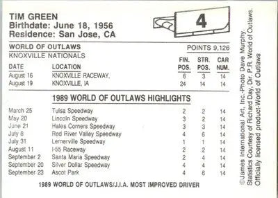 Tim Green - 1989 World of Outlaws - #4 - Racing - Racing Card Single