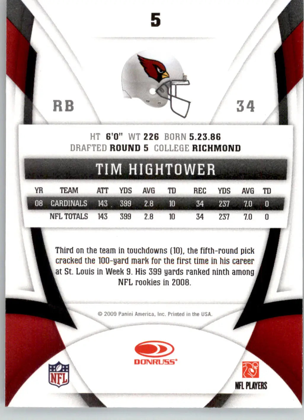 Tim Hightower - 2009 Donruss Certified - #5 - Football - Football Card Single