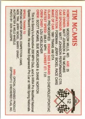 Tim McAmis - 1990 Checkered Flag IHRA - #12 - Racing - Racing Card Single