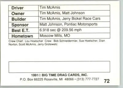 Tim McAmis - 1991 Big Time Drag - #72 - Racing - Racing Card Single
