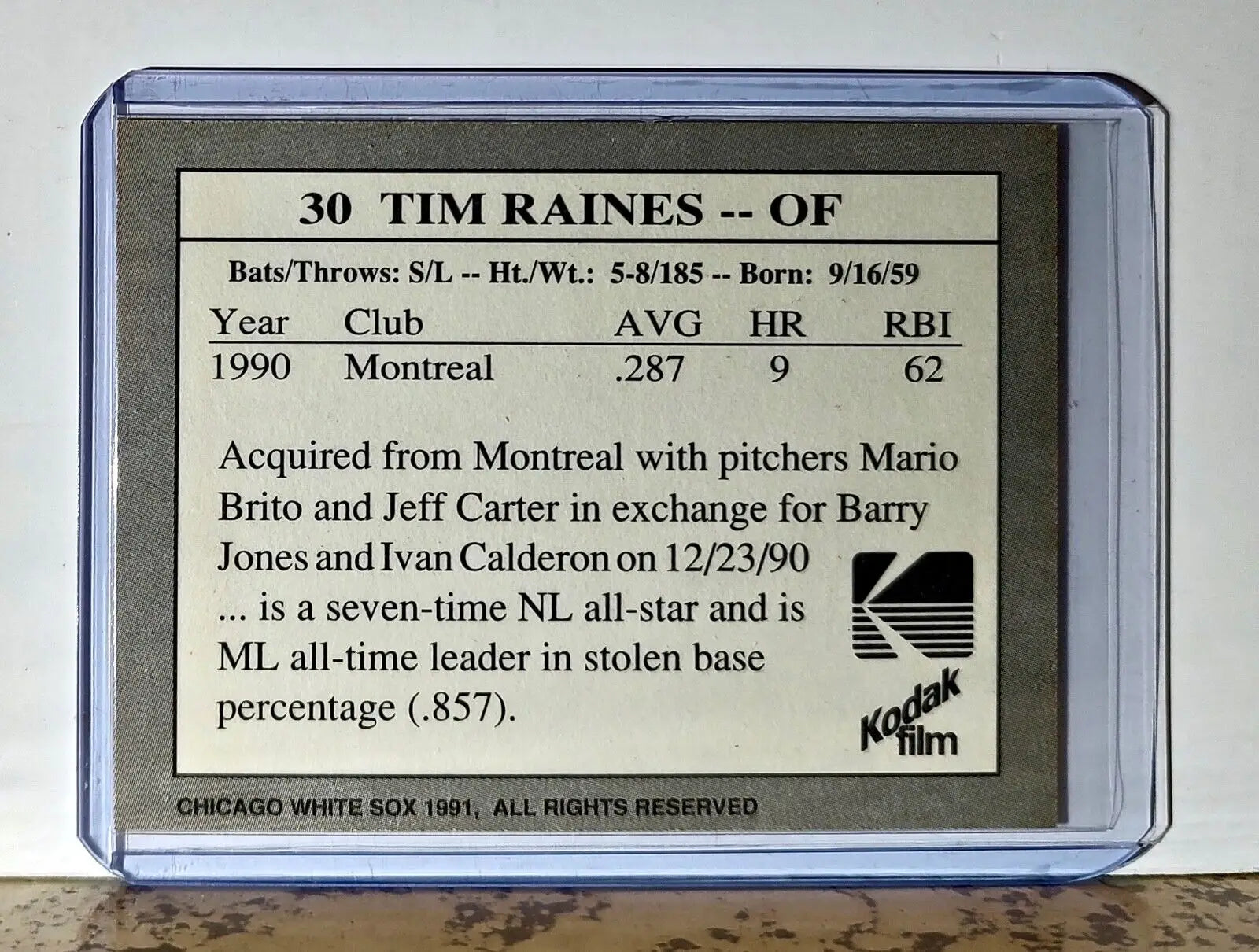 Tim Raines 1991 Kodak Film MLB #30 Baseball Card Chicago White Sox