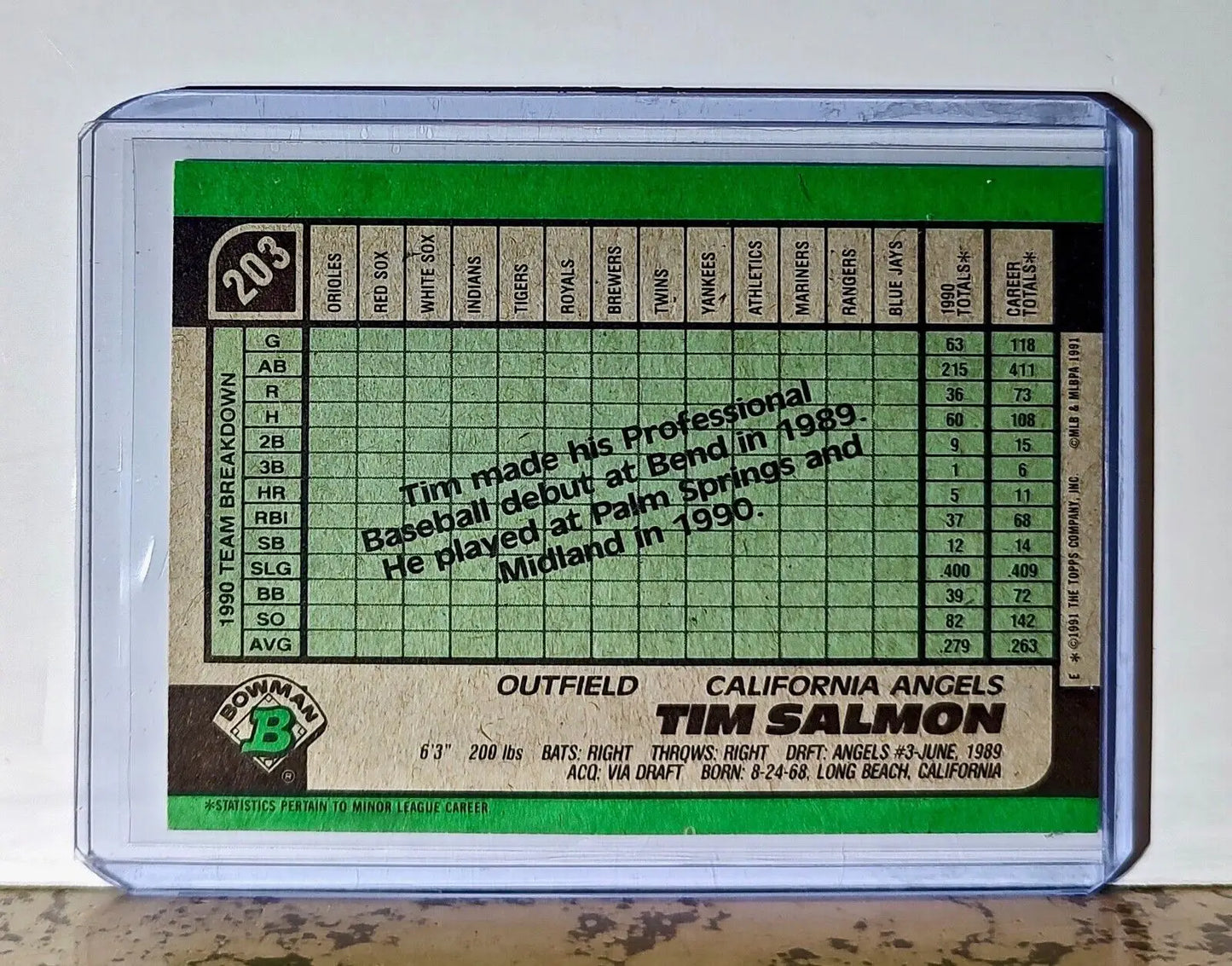 Tim Salmon 1991 Topps Bowman MLB #203 Baseball Card California Angels