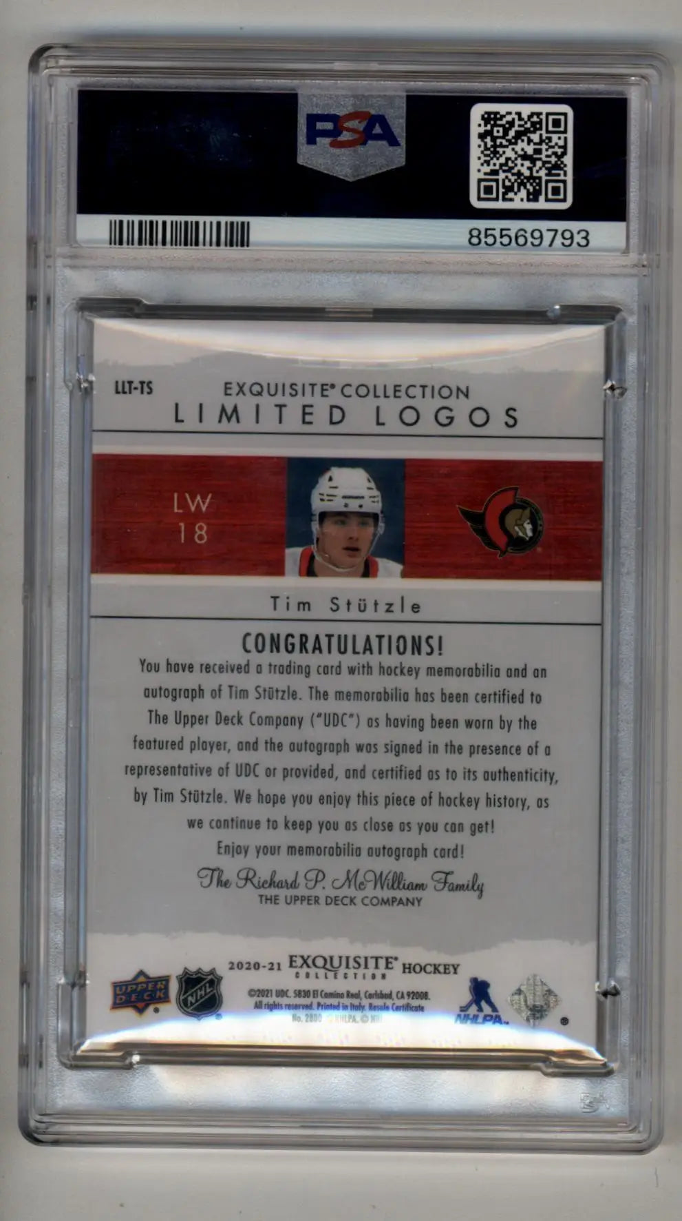 Tim Stutzle 2020-21 The Cup Exquisite Collection Limited Logos 44/50 PSA 9 Mint - Hockey Card Single