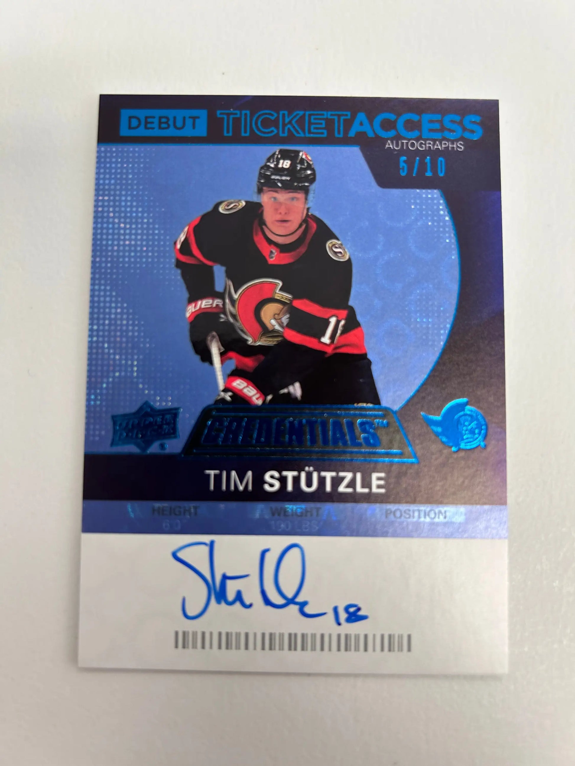 Signed Tim Stutzle hockey card from Upper Deck Credentials Debut Ticket Blue Auto #5/10