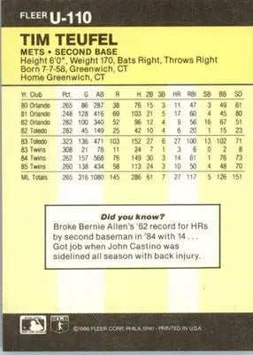 Tim Teufel - 1986 Fleer Update - #U-110 - Baseball - Baseball Card Single