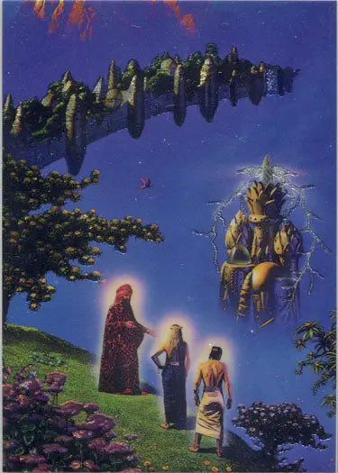 Fantastical scene of figures watching floating celestial structures in Tim White Fantasy Metallic Storm Chase