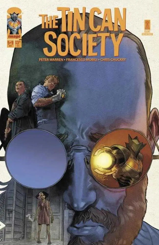 Comic book cover of The Tin Can Society featuring a blue profile and metallic eye piece