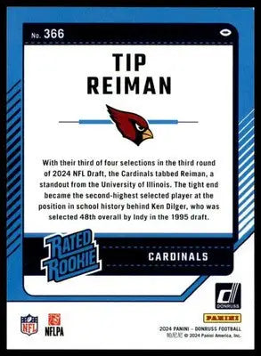 Tip Reiman Rookie 2024 Donruss #366 Arizona Cardinals - Football Card Single