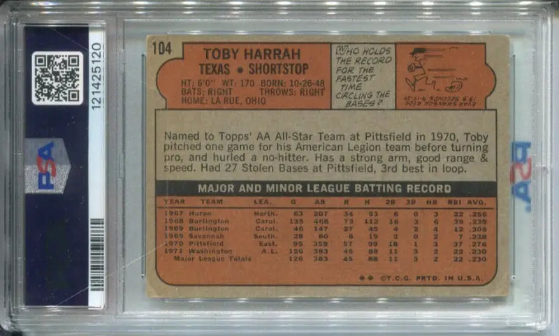 Toby Harrah SIGNED 1972 TOPPS RC #104 PSA 3 DNA 9 Auto Texas RANGERS AUTOGRAPED - Baseball Card Single