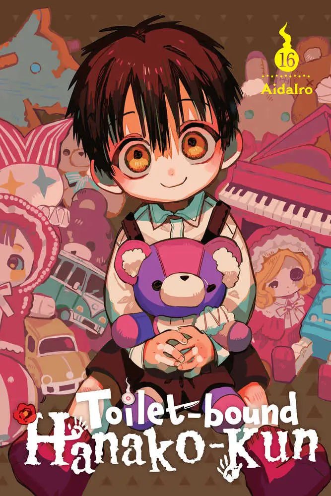 Anime boy holding a teddy bear from Toilet Bound Hanako Kun Graphic Novel Volume 16 near a red house