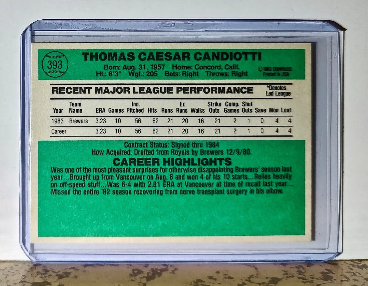 Tom Candiotti 1984 Donruss MLB #393 Baseball Card Milwaukee Brewers - Baseball Card Single