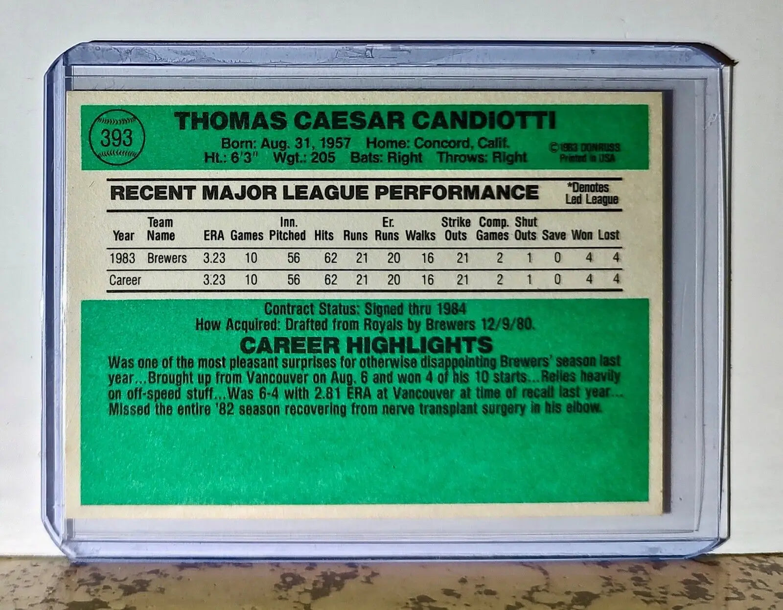 Tom Candiotti 1984 Donruss MLB #393 Baseball Card Milwaukee Brewers - Baseball Card Single