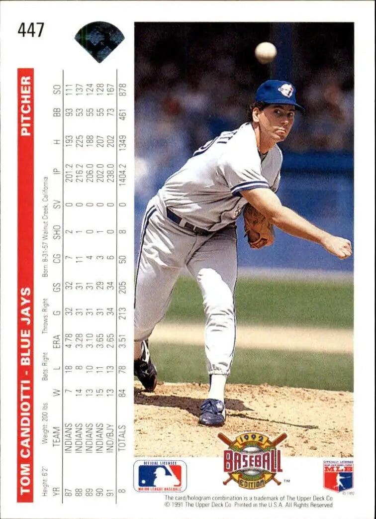 Tom Candiotti 1992 Upper Deck MLB #447 Baseball Card Toronto Blue Jays - Baseball Card Single