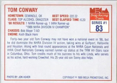 Tom Conway - 1989 Mega Drag - #83 - Racing - Racing Card Single