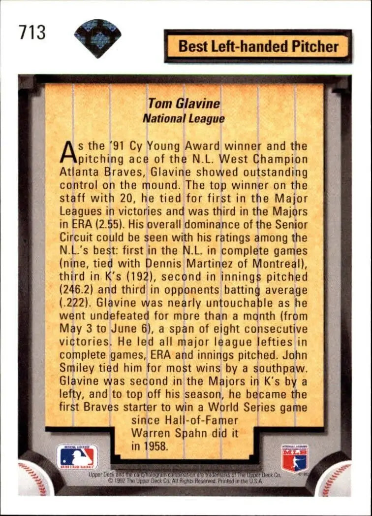 Tom Glavine 1992 Upper Deck MLB #713 Diamond Skills Baseball Card Atlanta Braves - Baseball Card Single