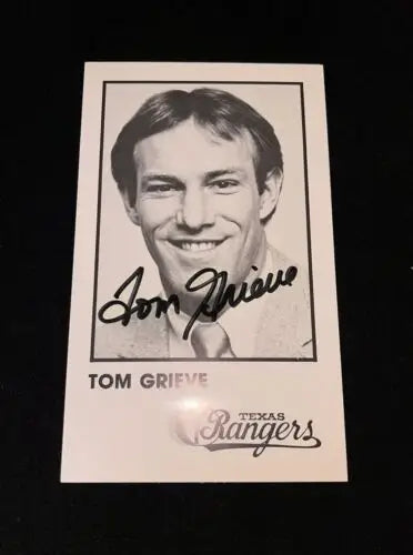 Autographed Tom Grieve photo index card featuring Texas Rangers memorabilia